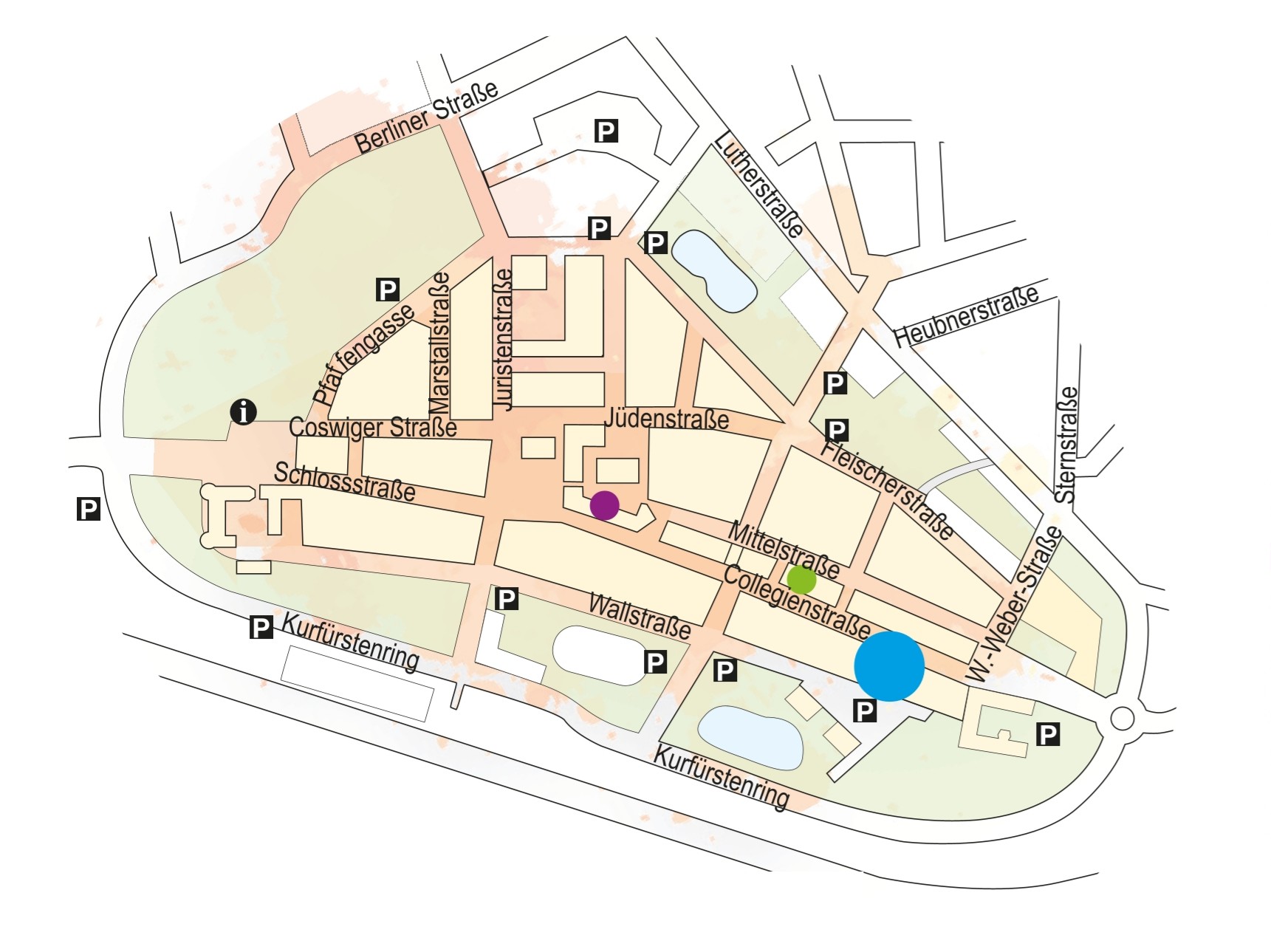 Stadtplan Wittenberg, darauf eingezeichnet Leucorea, Stadtwohnzimmer und Terra Verde